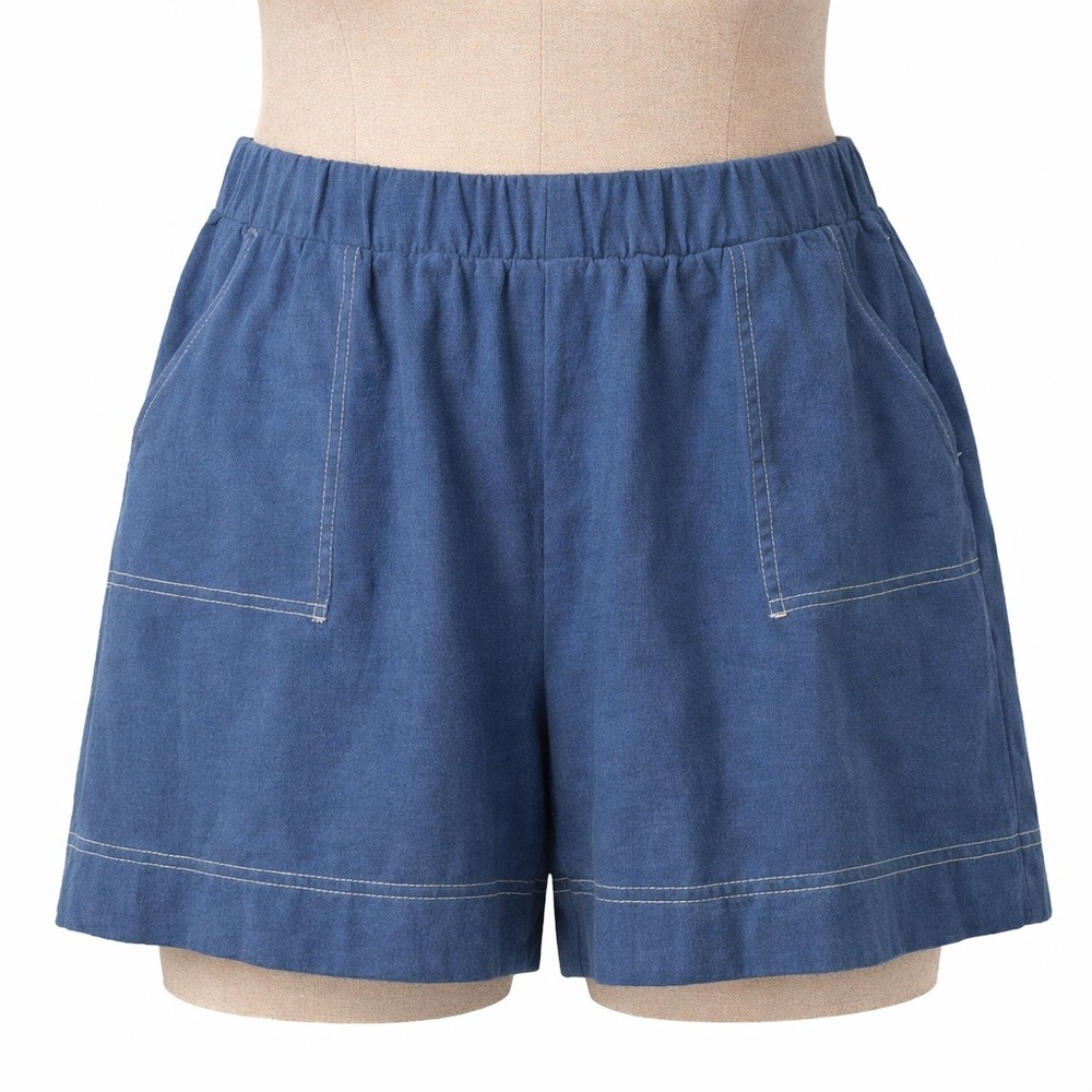 FP Beach Free People Contrast Stitch Pocket Shorts Sz XS Blue Elastic Waist Boho